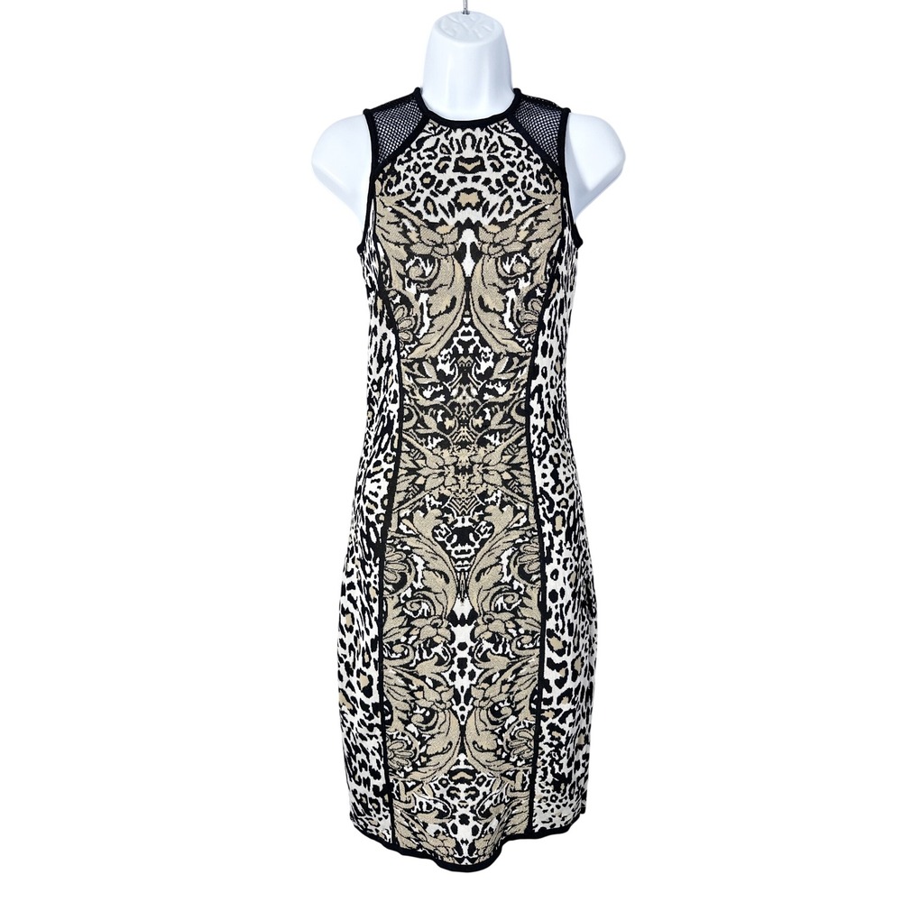 Y2K Cache Sleeveless Leopard Knit Damask Metallic Gold Dress Women's Size XS